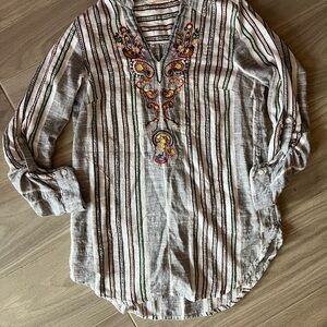 Soft Surroundings Multicolor Embroidered Striped Blouse
